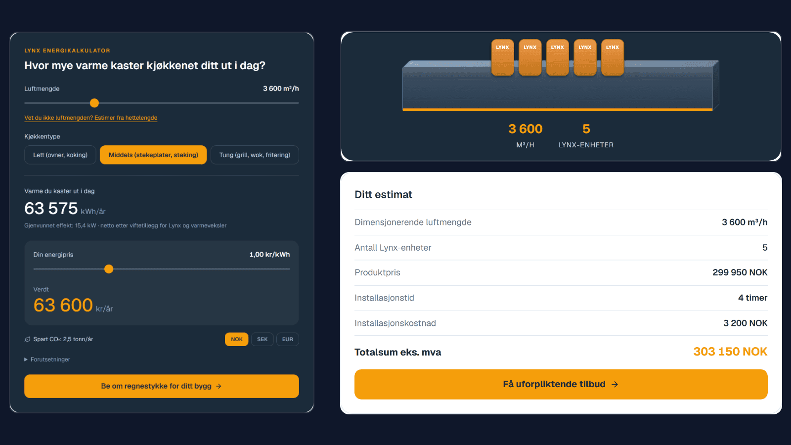 The two calculators on lynxkitchen.com. On the left, the energy loss for a kitchen at 3,600 cubic metres per hour. On the right, the number of units and installation cost for the same installation.